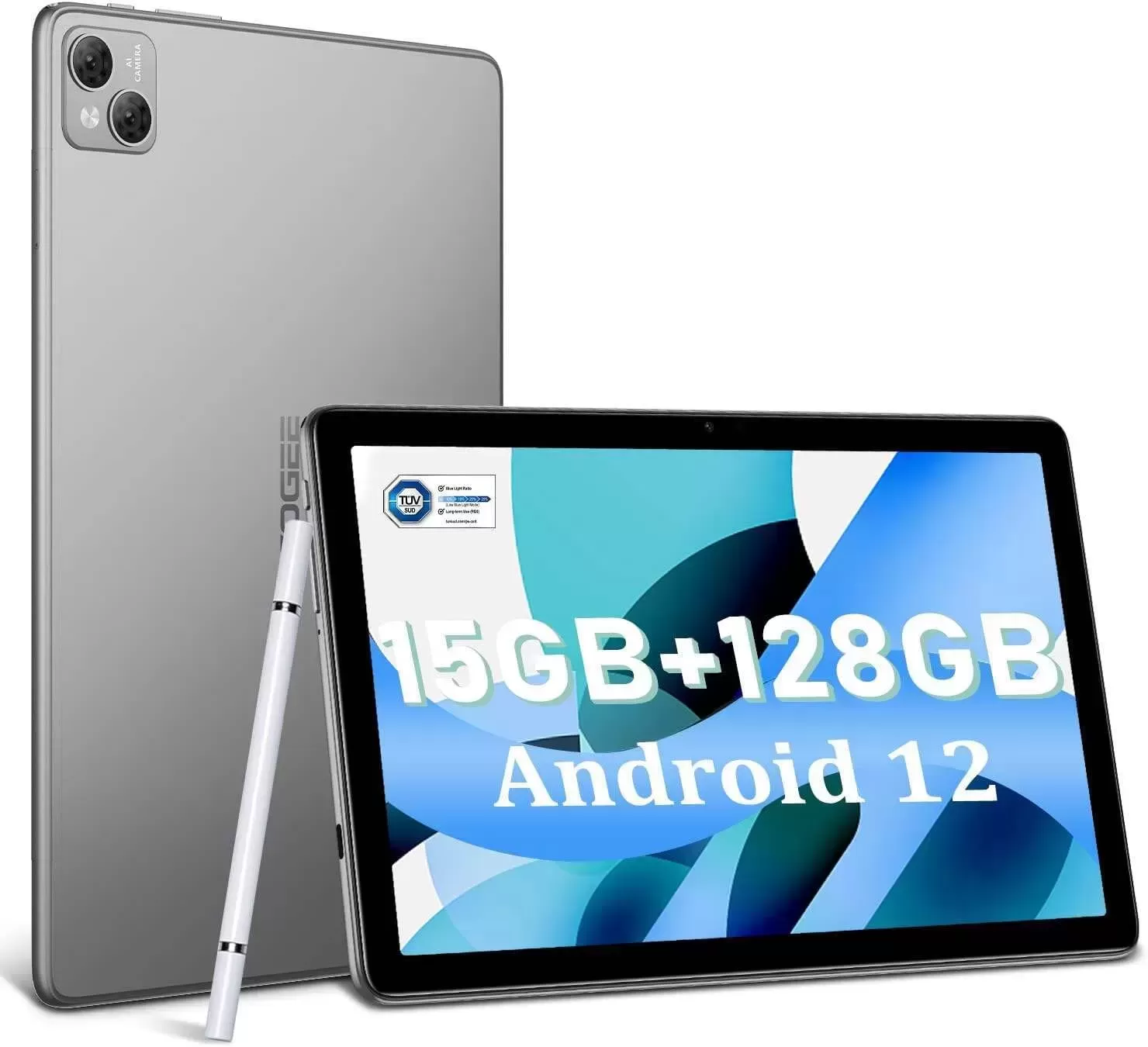 T10 Android Tablet 2K HD 10.1 inch, 15GB RAM 128GB ROM(TF 1TB), Octa-Core Android 12 OS, Battery 8300mAh, 2.4/5G WiFi&Bluetooth 5.0, 13MP+8MP Camera, TÜV Low Bluelight Tablet for Kids (Silvery)