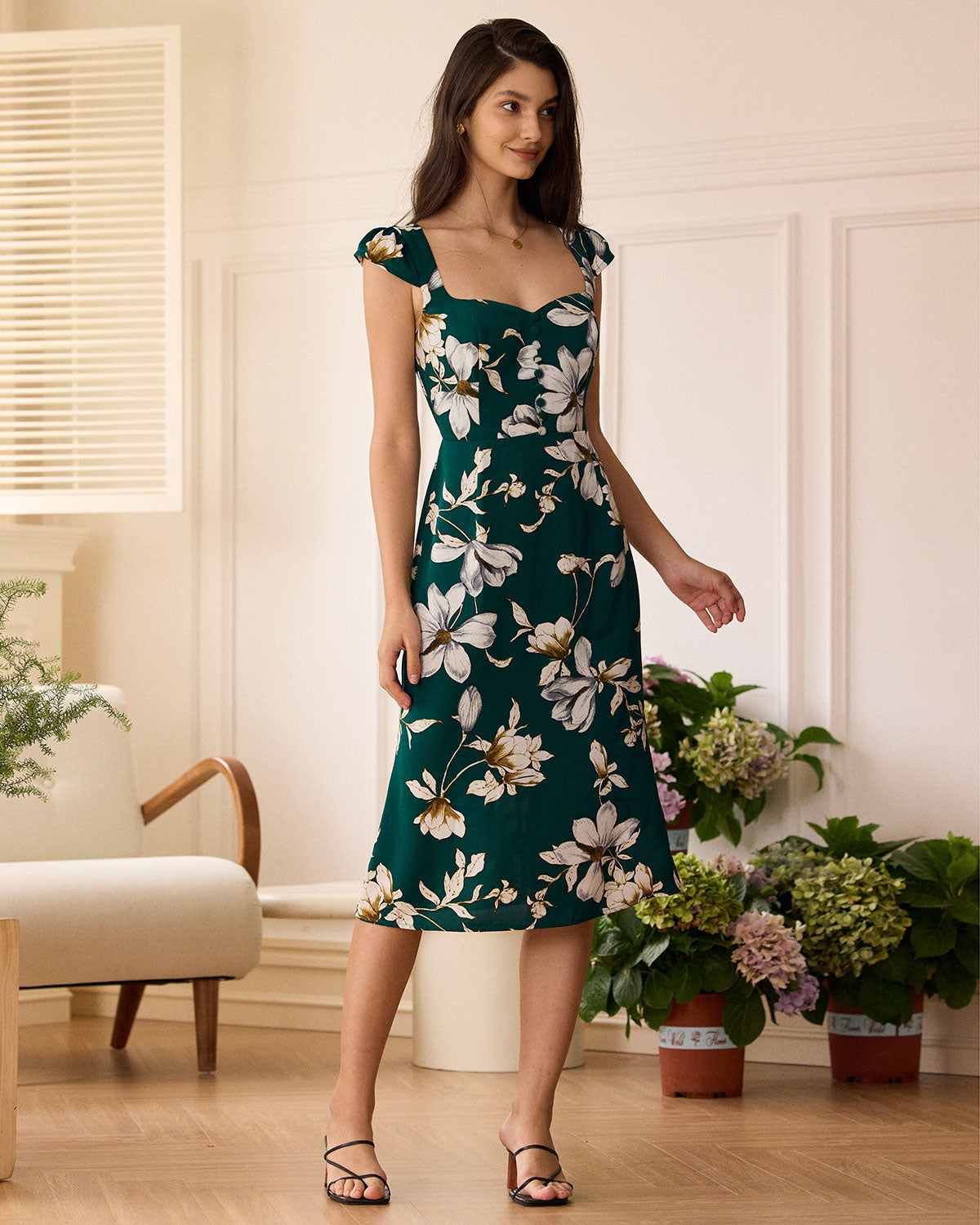 The Green Sweetheart Neck Cap Sleeve Floral Midi Dress