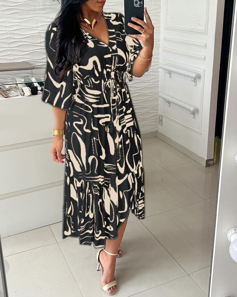 V-Neck Waist Inkprint Dress