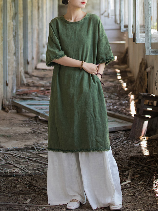 Half Sleeves High-low Fringed Solid Color Split-Joint Split-side Round-neck Midi Dresses