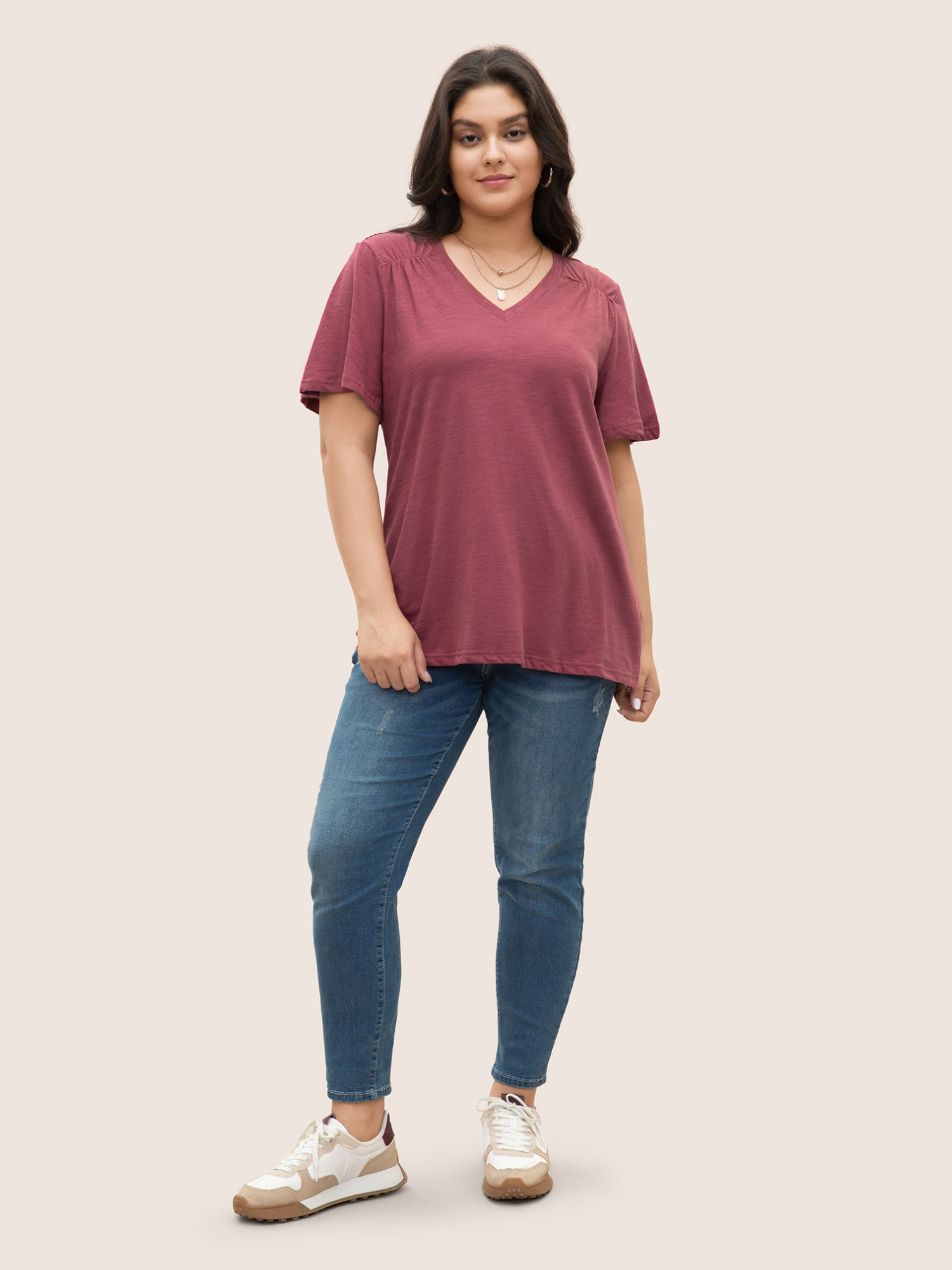 Plain Ruffle Sleeve Heather V Neck T-shirt