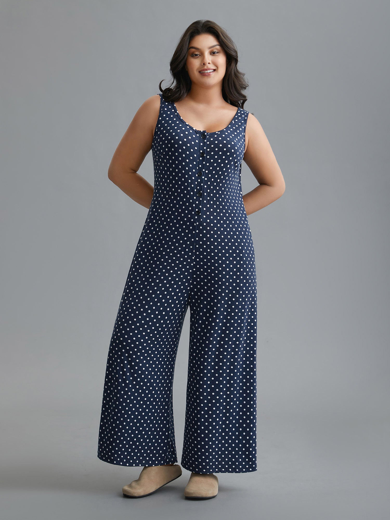 U Neck Polka Dot Button Up Sleep Jumpsuit