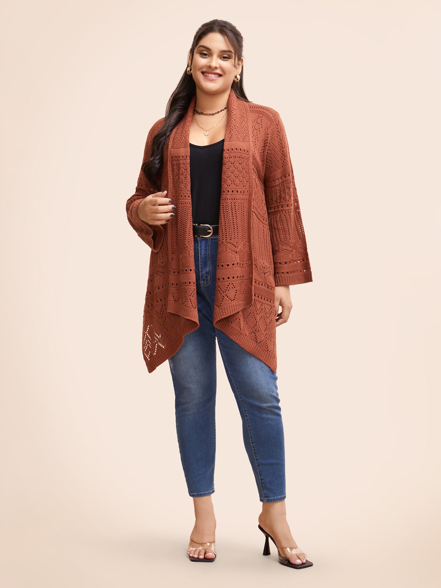 Texture Cut Out Bell Sleeve Cardigan