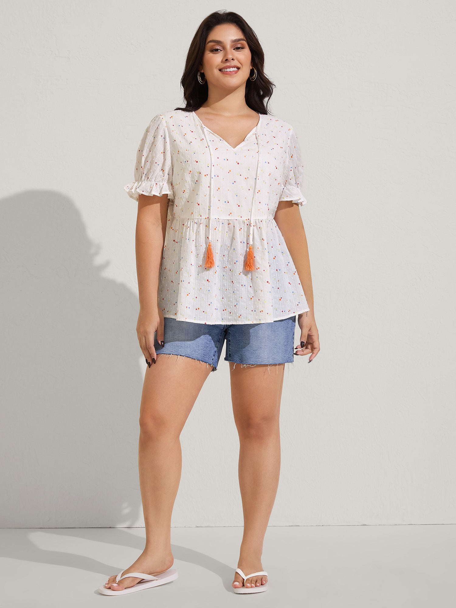Cotton Colorful Embroidered Tassels Solid Blouse