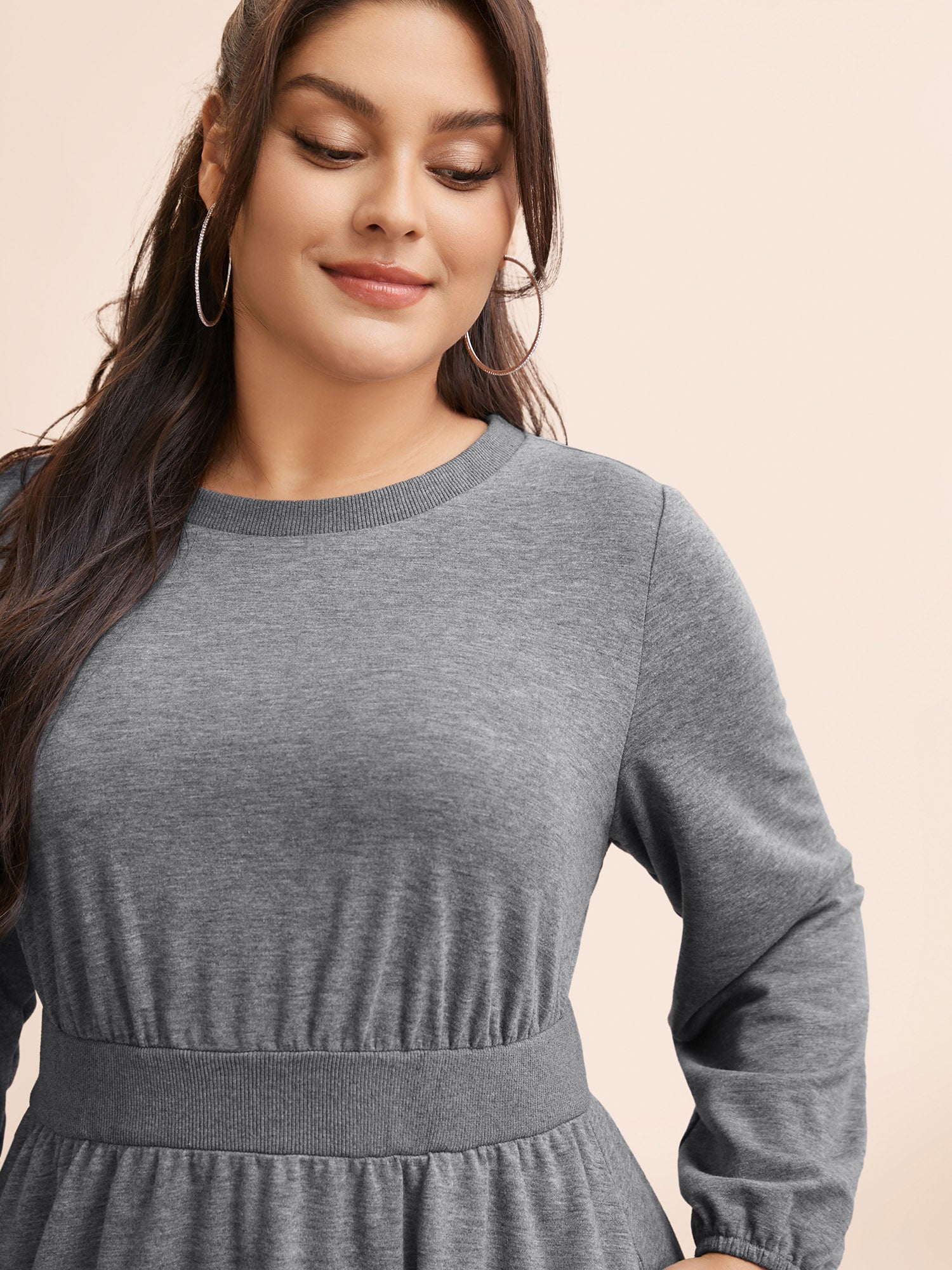 Crew Neck Elastic Waist Midi Dress