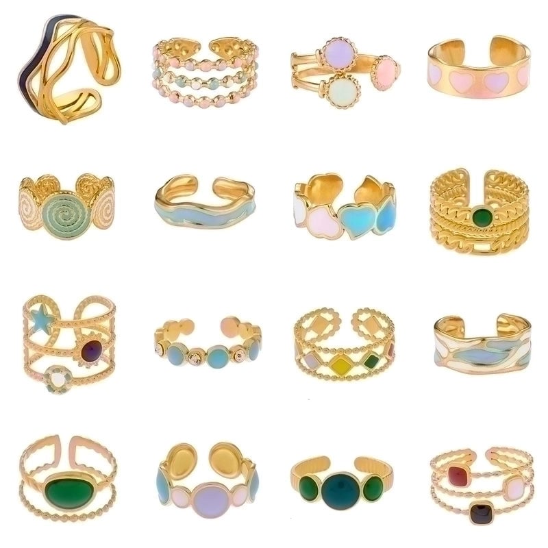 Vintage Style Color Block Stainless Steel 18K Gold Plated Plating Open Rings