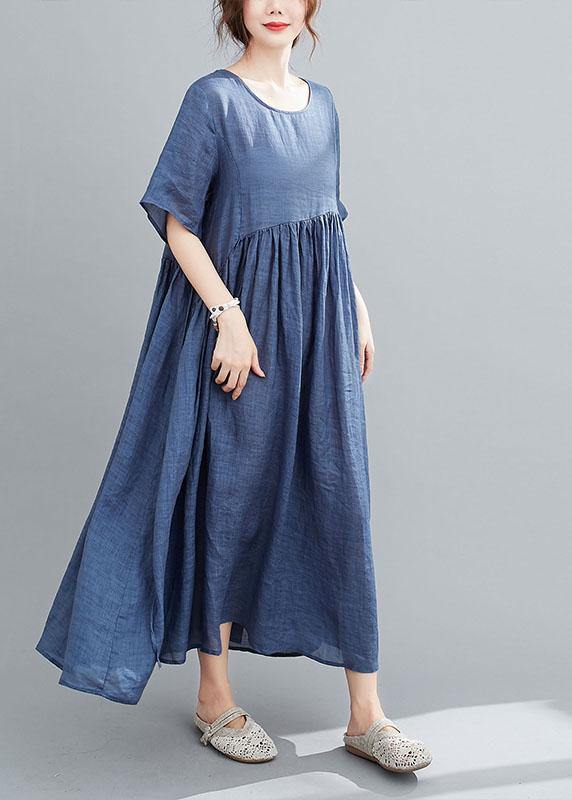 Blue Pockets Maxi Dresses Short Sleeve Summer
