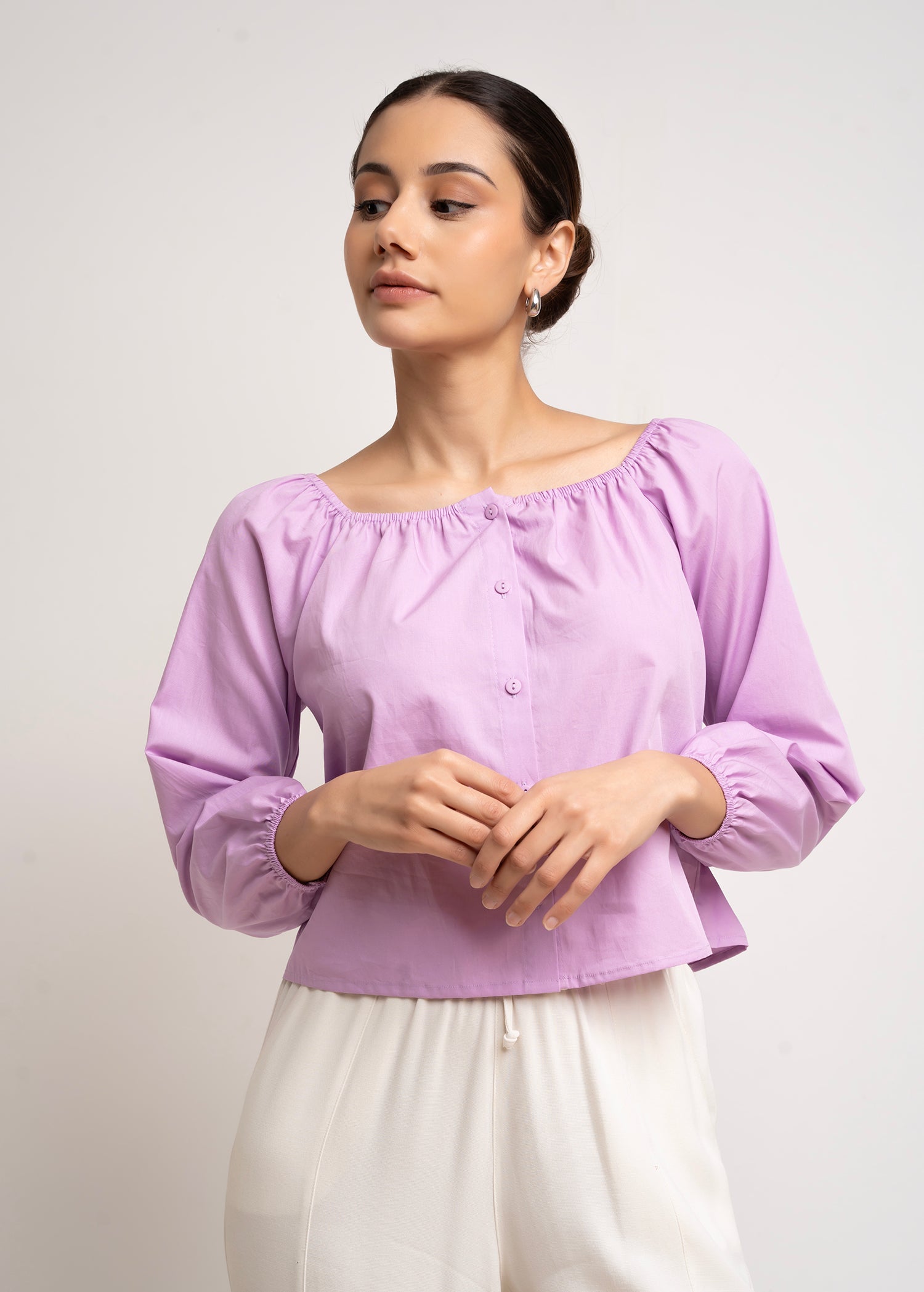 Elasticated Neckline Blouse With Tie