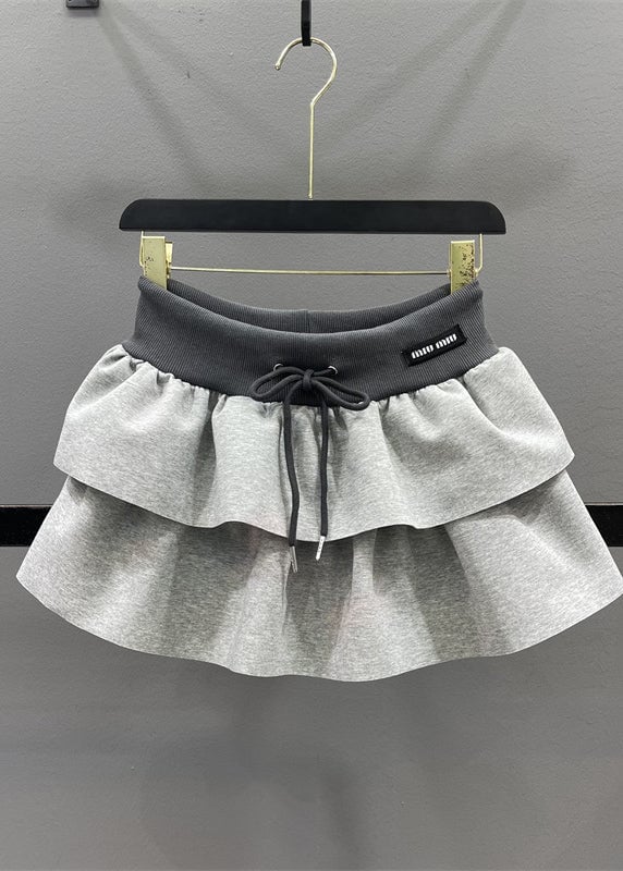 Natural Grey Elastic Waist Drawstring A Line Skirts