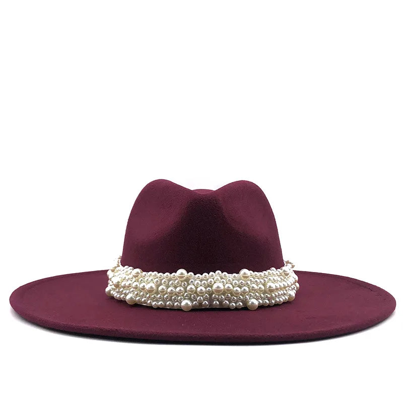 9.5cm Pearl Accessories Women's Woolen Hat Jazz Hat Autumn And Winter British Retro Top Hat Women