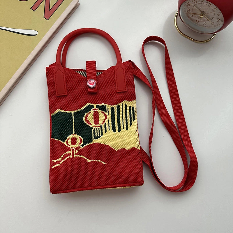 Unisex Small Knit Stripe Heart Shape Basic Vintage Style Weave Square Lock Clasp Phone Wallets