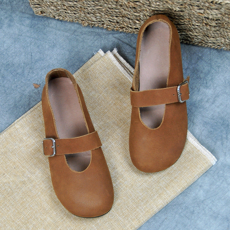 Handmade Women's Calf Leather Mary Jane Shoes Round Toe  Soft Sole Buckle Slip On Black/Beige/Faint Yellow
