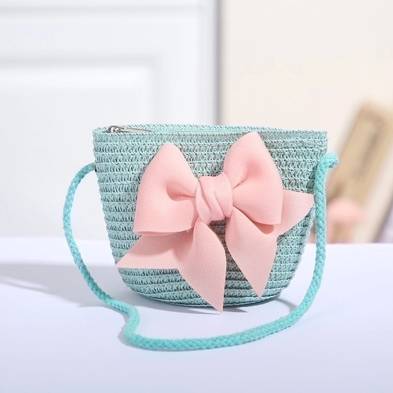 Women's Mini Straw Flower Bow Knot Fashion Bucket Zipper Shoulder Bag Handbag Crossbody Bag