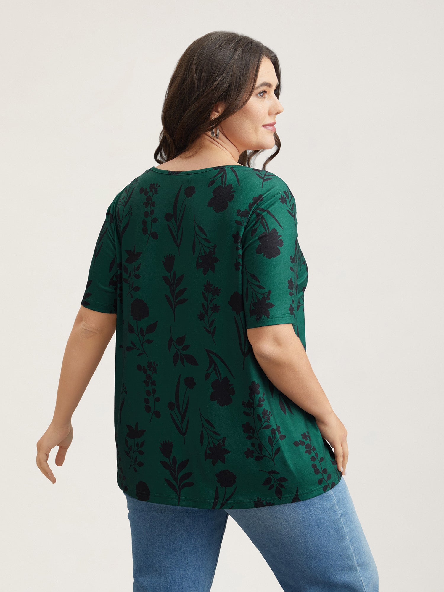 Stretchy Floral Print V-Neck T-Shirt