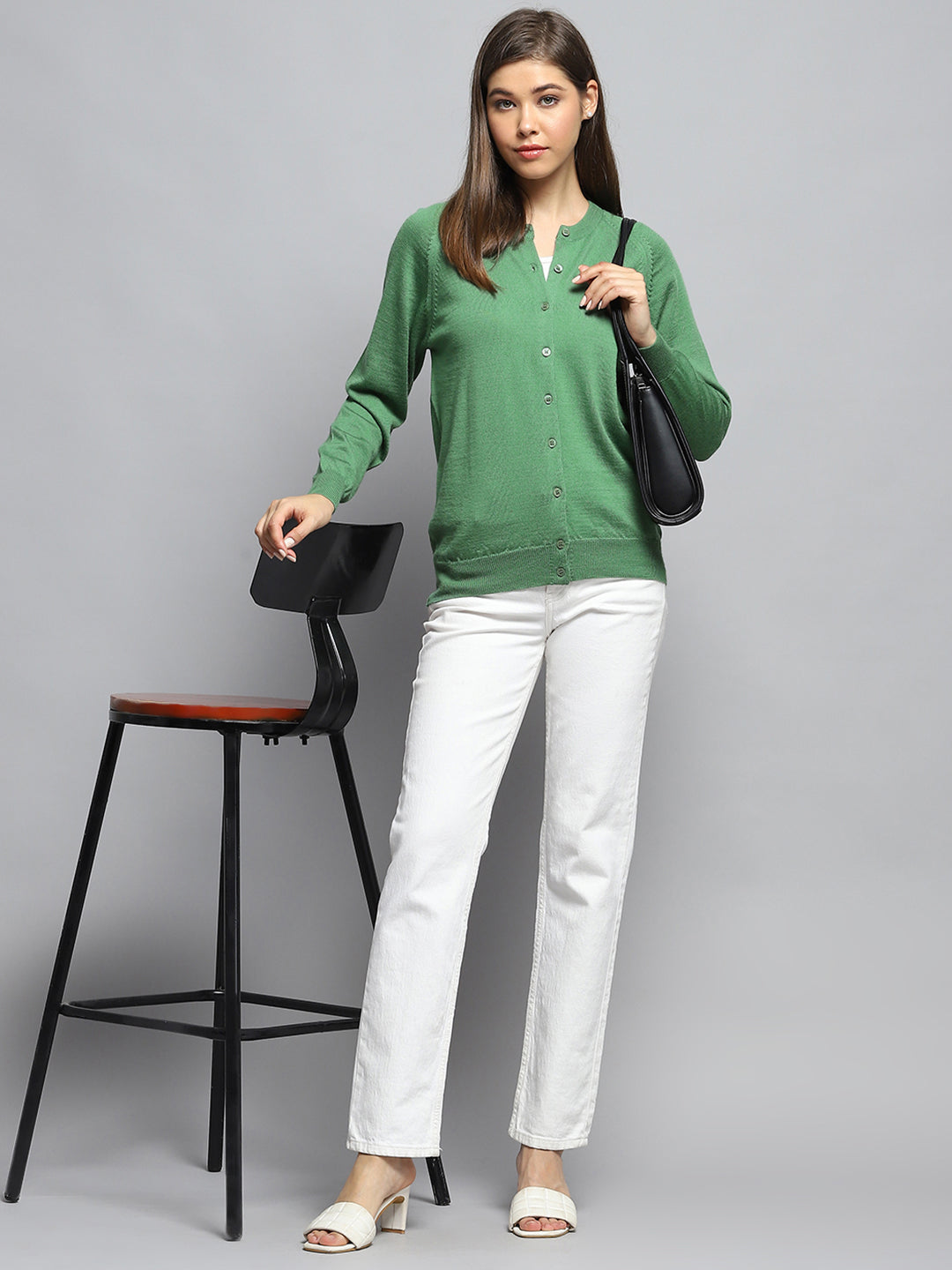 Women Green Solid Round Neck Full Sleeve Cardigan