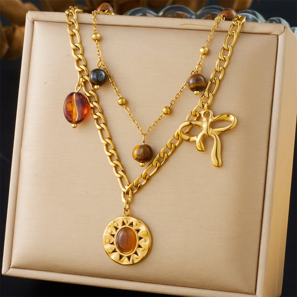 Retro Round Tiger Eye Stone Sun Pendant Necklace Bow Accessories Stainless Steel Double Layer Clavicle Chain