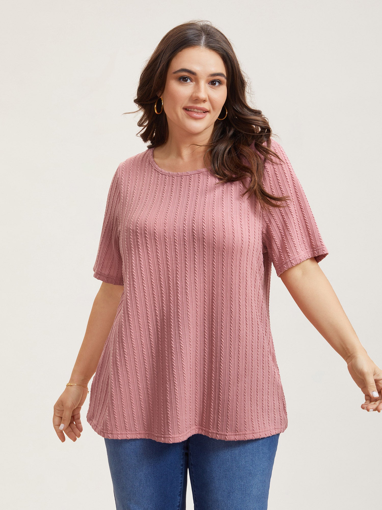 Cable Knit Textured Round Neck T-Shirt