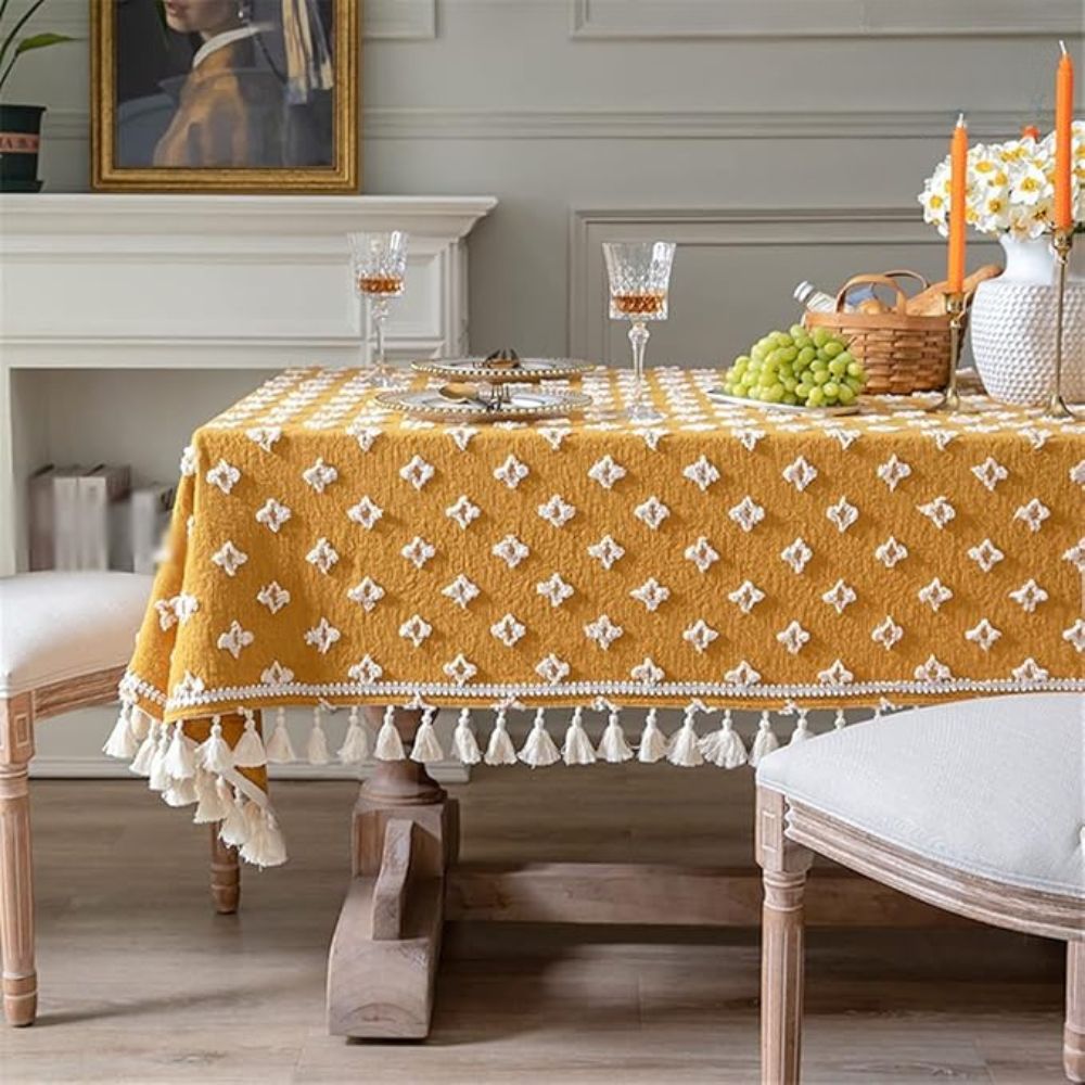 Versatile Yellow Embroidered Tassel Tablecloth