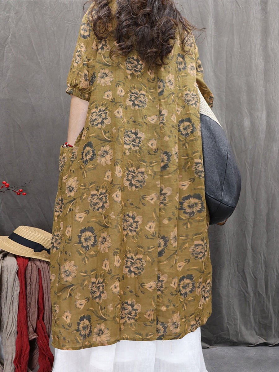 Women Summer Artsy Flower V-Neck 100%Ramie Dress