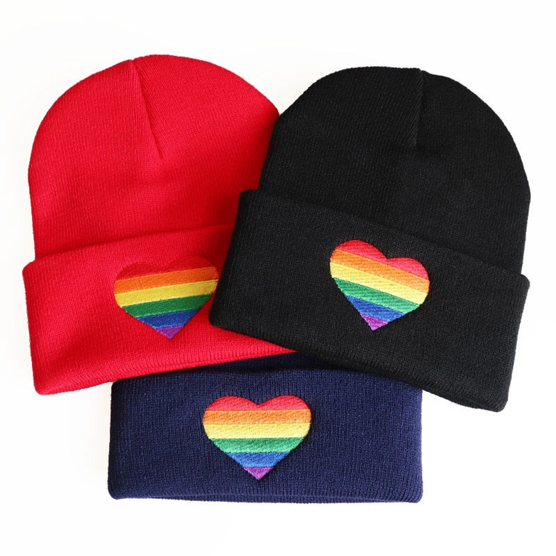 Unisex Minimalist Rainbow Heart Shape Embroidery Crimping Wool Cap