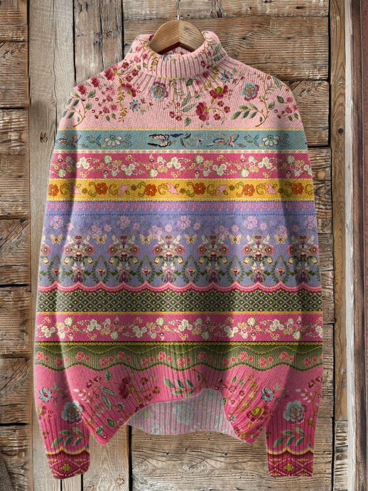 Tribal Lovely Floral Art Print Knit Turtleneck Pullover Sweater