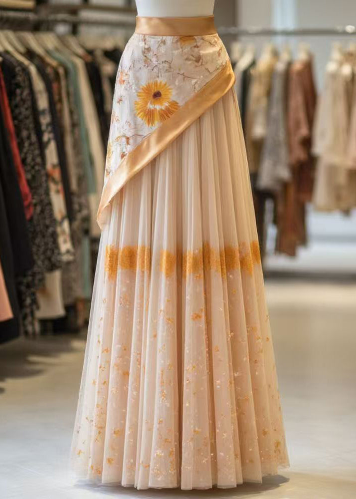 Classy Orange Print Wrinkled Patchwork False Two Pieces Tulle Skirt Summer