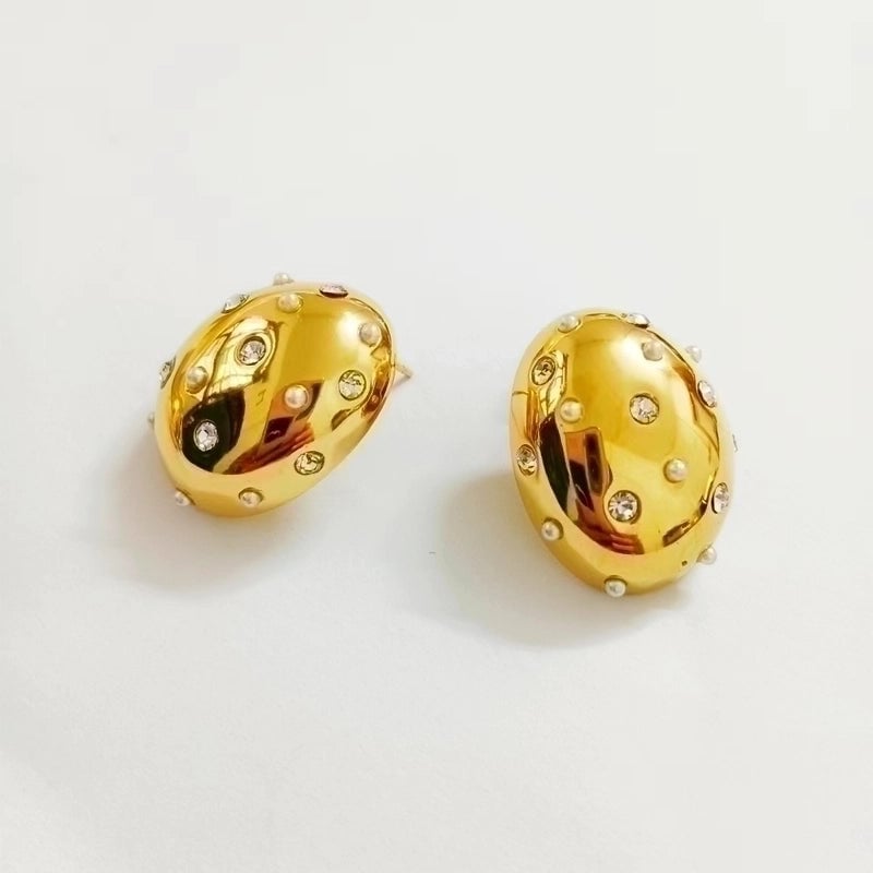 1 Pair Minimalist Classic Style Oval Inlay 304 Stainless Steel Rhinestones 18K Gold Plated Ear Studs