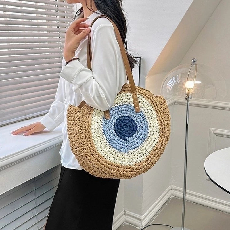 Women's Straw Color Block Basic Round Zipper Shoulder Bag