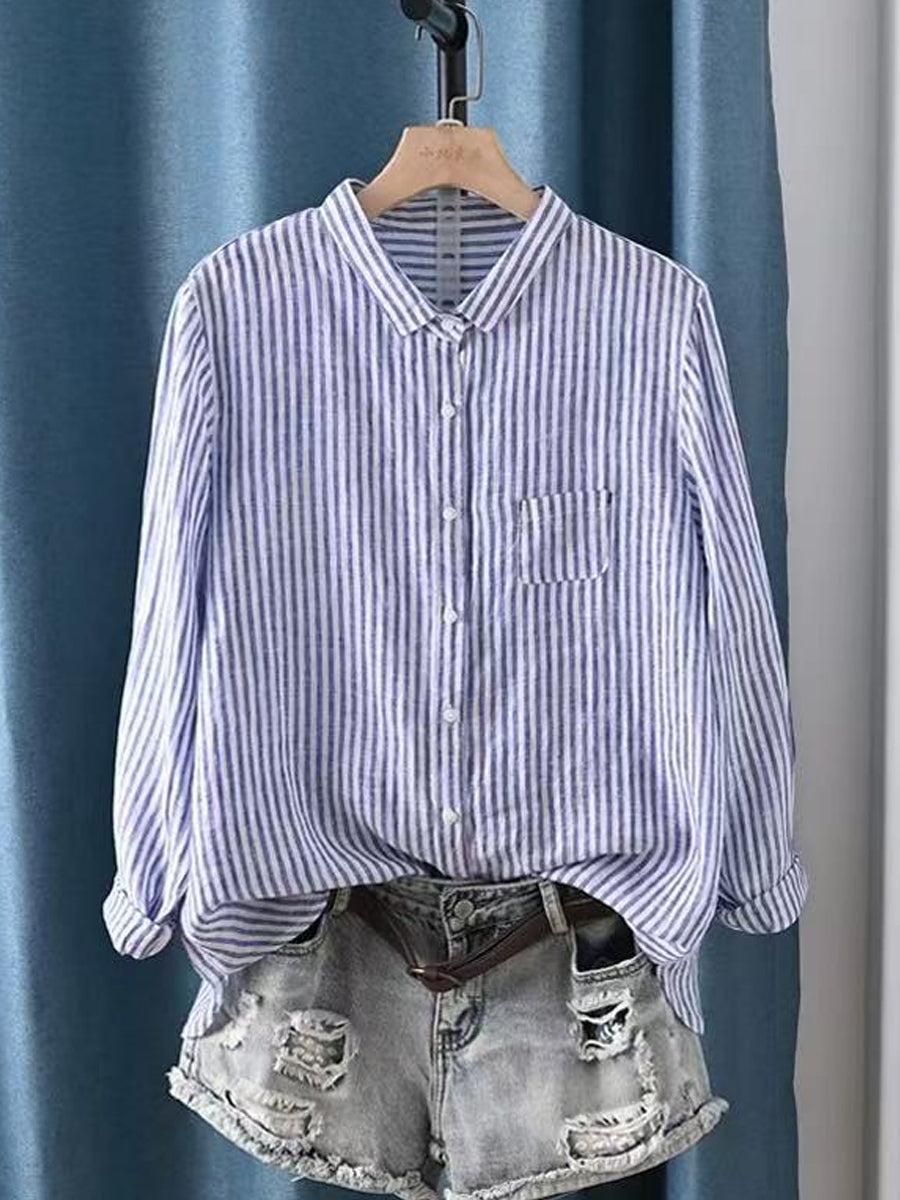Women Summer Stripe Turn-down Collar 100%Linen Shirt