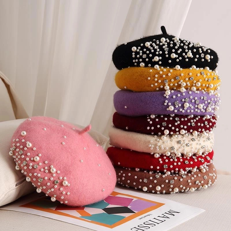 Style Pearl Rhinestone Wool Beret Women's Autumn And Winter British Style Retro Korean Style Japanese Style Western Style Painter Hat
