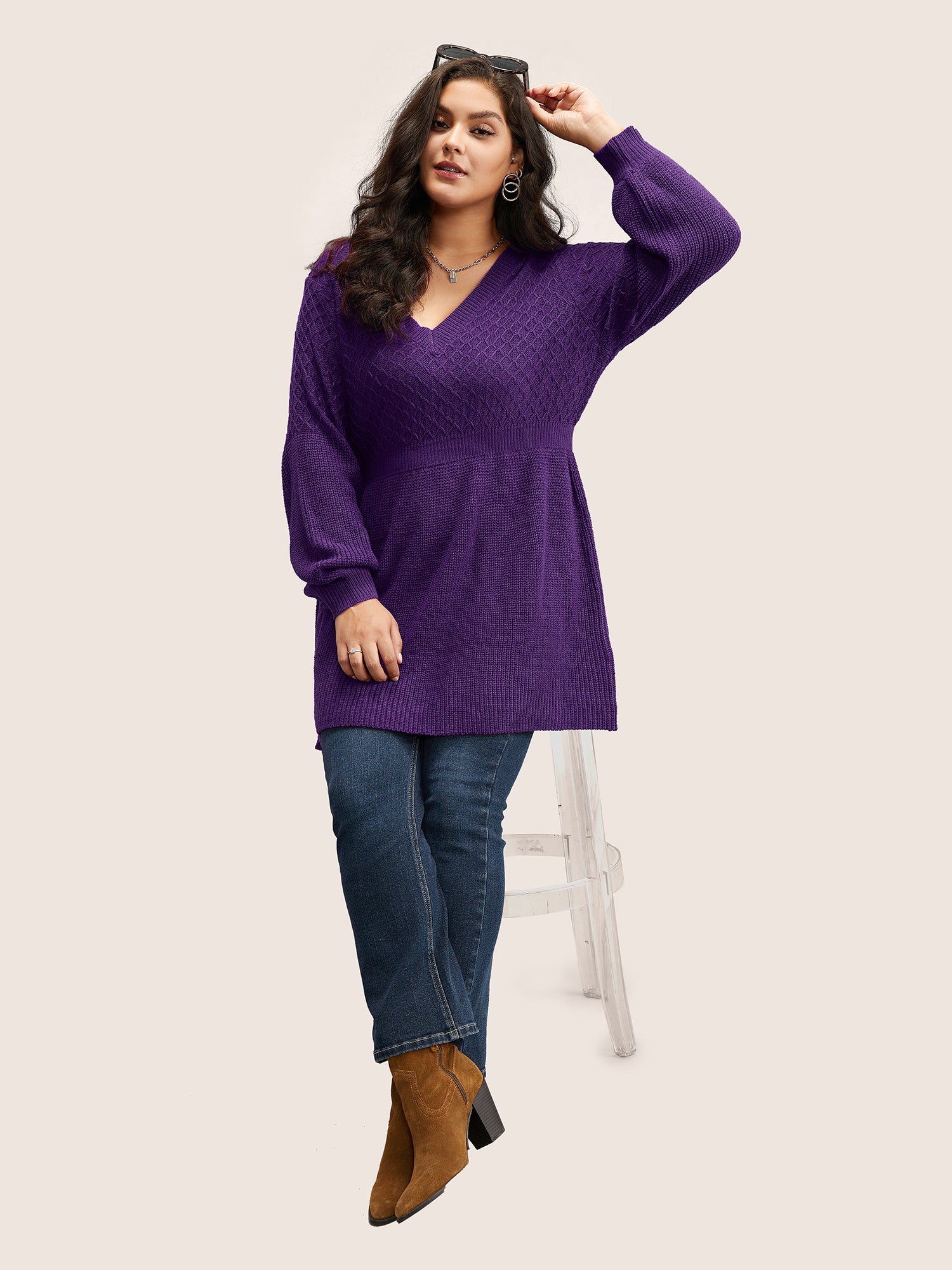 Plain Plisse Lantern Sleeve A Line Pullover