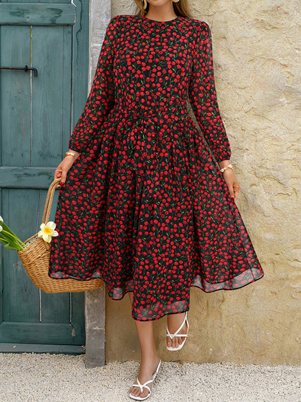 A-Line High Waisted Flower Print Tied Waist Round-Neck Midi Dresses