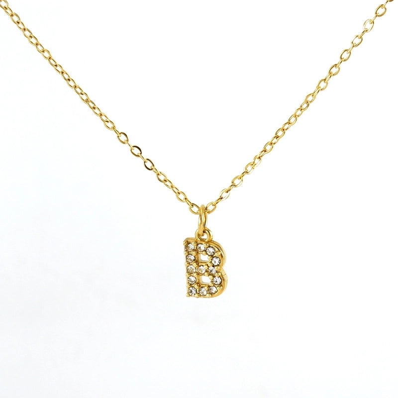 Minimalist Classic Style Letter Titanium Steel Zircon 18K Gold Plated Inlay Pendant Necklace