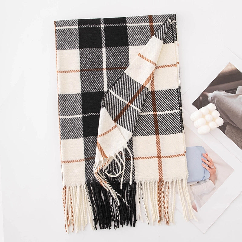 Women's Retro British Style Plaid Imitation Cashmere Tassel Scarf