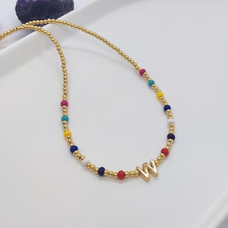 Ig Style Minimalist Letter Glass Copper Beaded Knitting Plating 18k Gold Plated Necklace