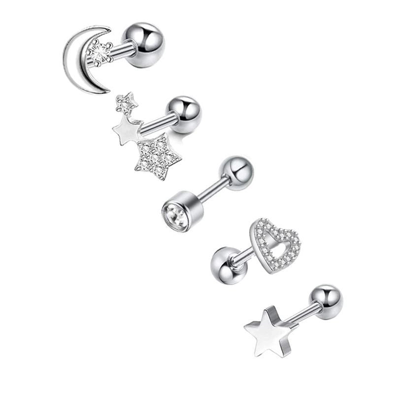 Minimalist Heart Shape Stainless Steel Plating Zircon Ear Studs 5 Piece Set