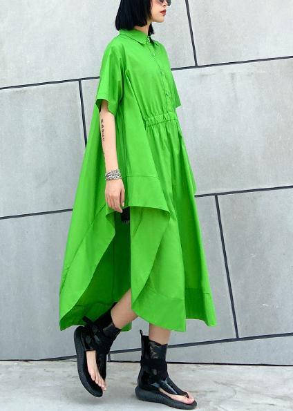 DIY green cotton clothes Women lapel asymmetric Kaftan Dress