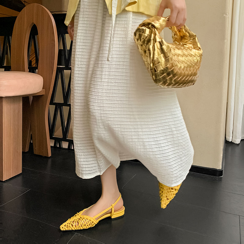 Women's Woven Pointed Toe Slingback Flat Sandals Breathable Summer Shoes in Green/Silver/Yellow/Gunmetal