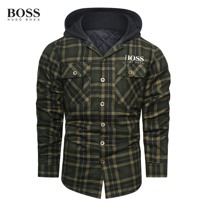 BOSS Thick Plaid Long Sleeve Loose Hooded Sweathershirt Men