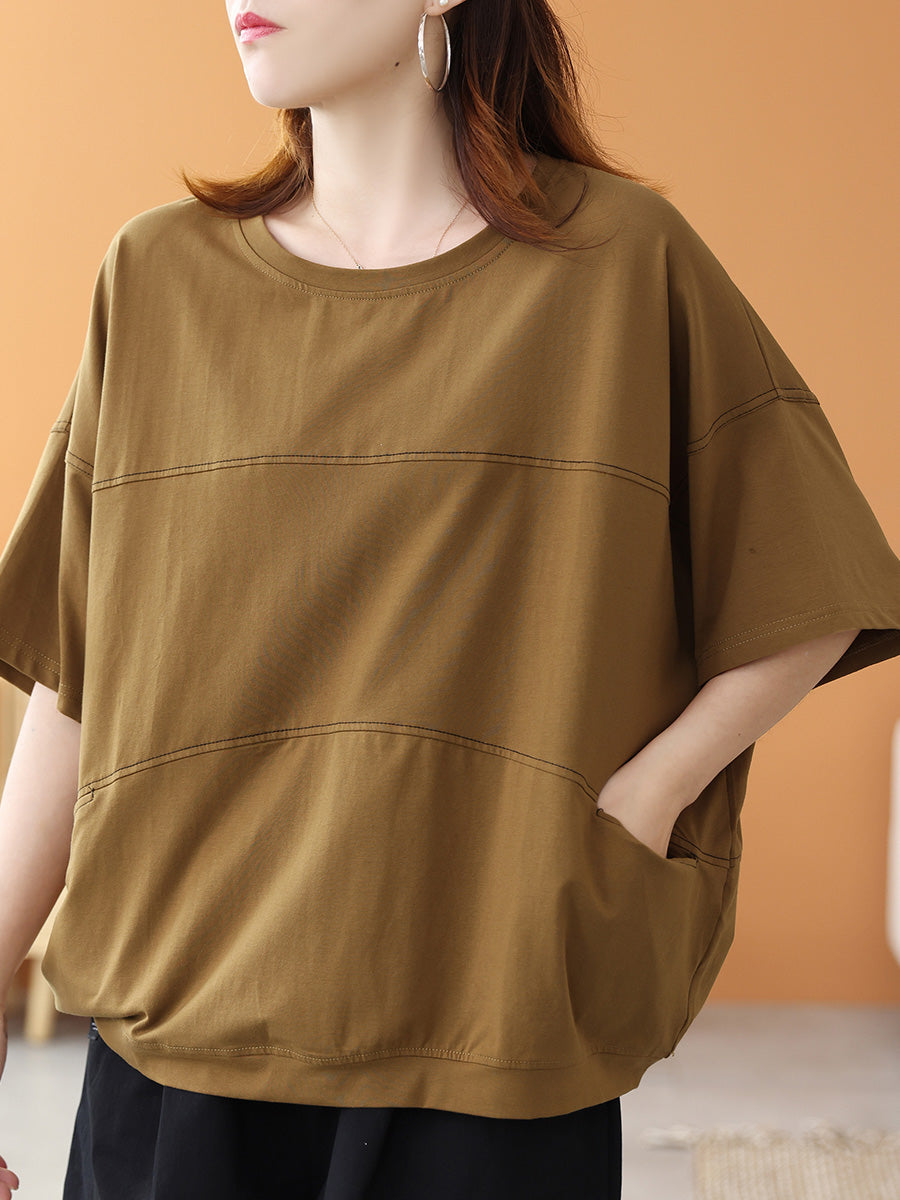 Women Summer Casual Cotton Pure Color Spliced O-Neck Shirt