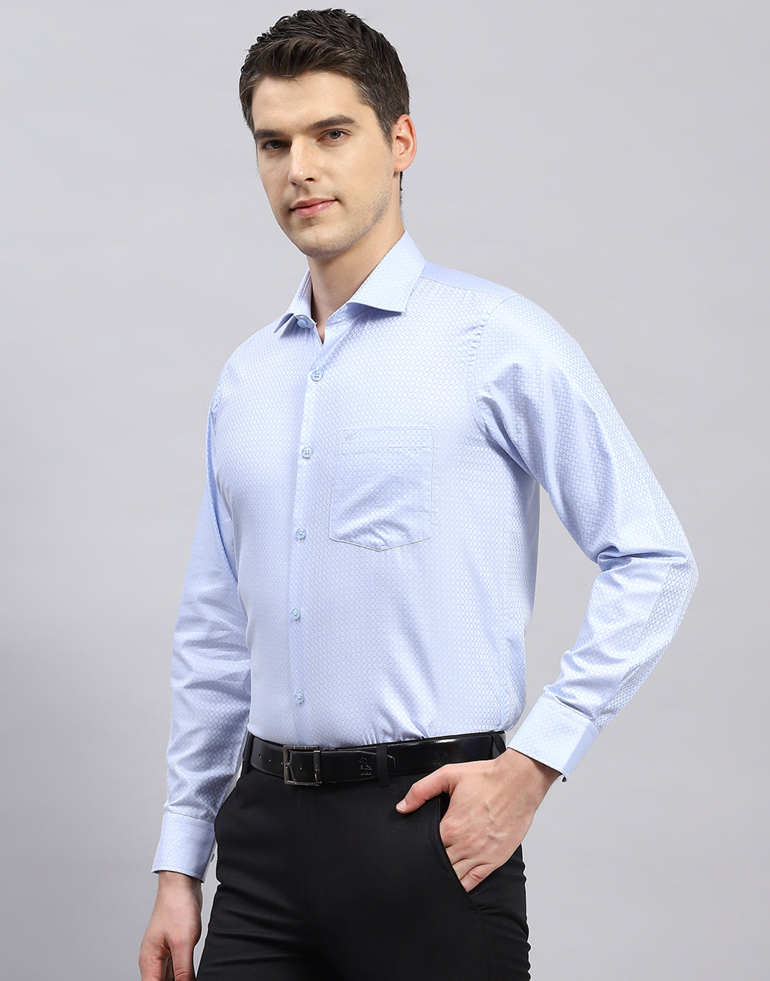 Men Sky Blue Self Design Collar Full Sleeve Shirt