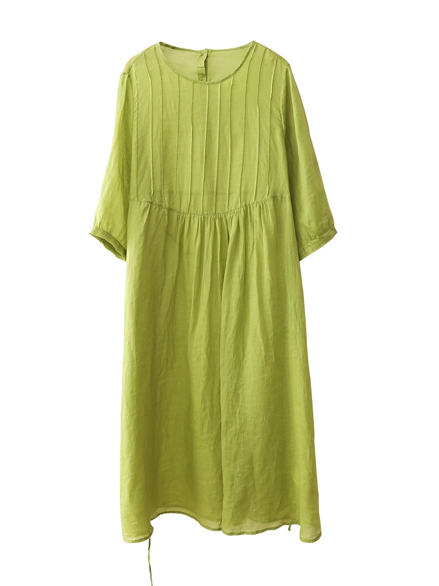 Women Summer Artsy Pure Color O-Neck Shirred 100%Ramie Dress