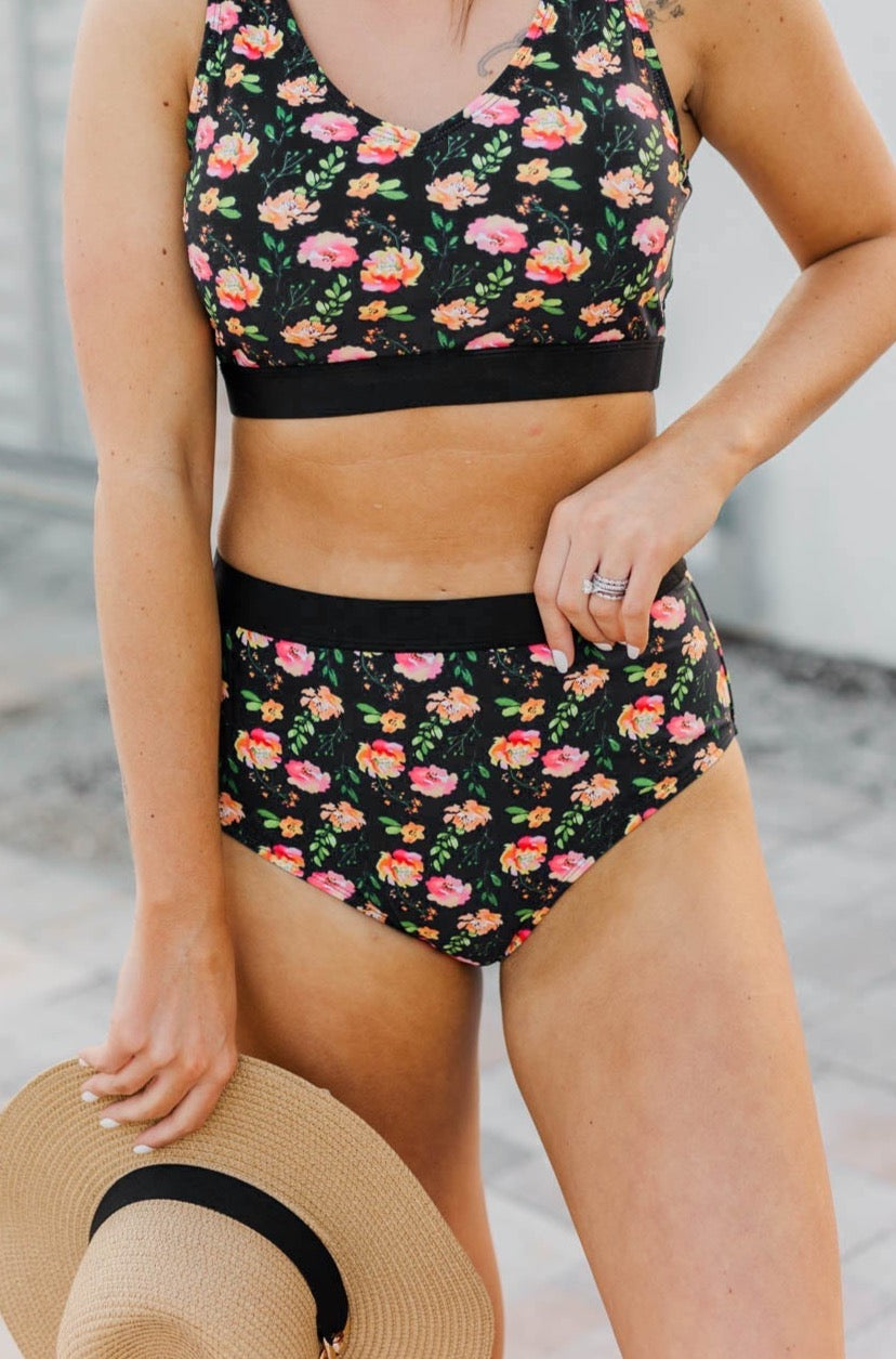 Sandy Shores High-Rise Swim Bottoms- Black Floral