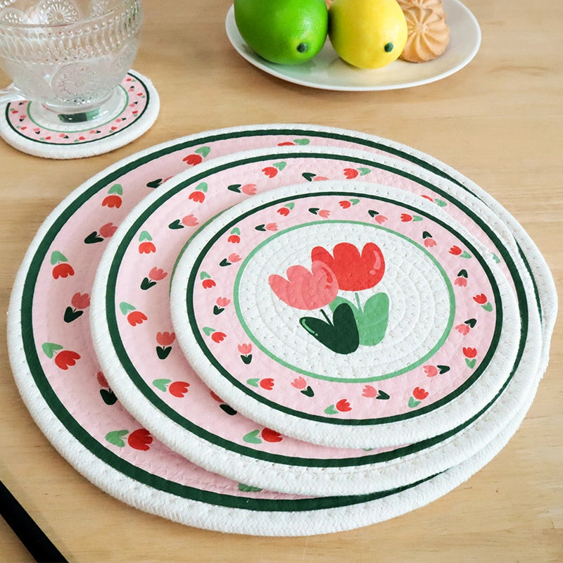 Sweet Place Mat Tulip Printed Cotton Rope Woven Table Top Mat Heat Insulation Mat Coaster
