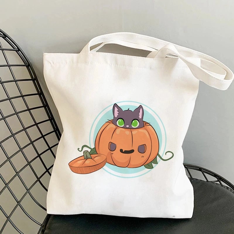 Halloween Unisex Canvas Animal Pumpkin Letter Streetwear Square Open Shoulder Bag Canvas Bag
