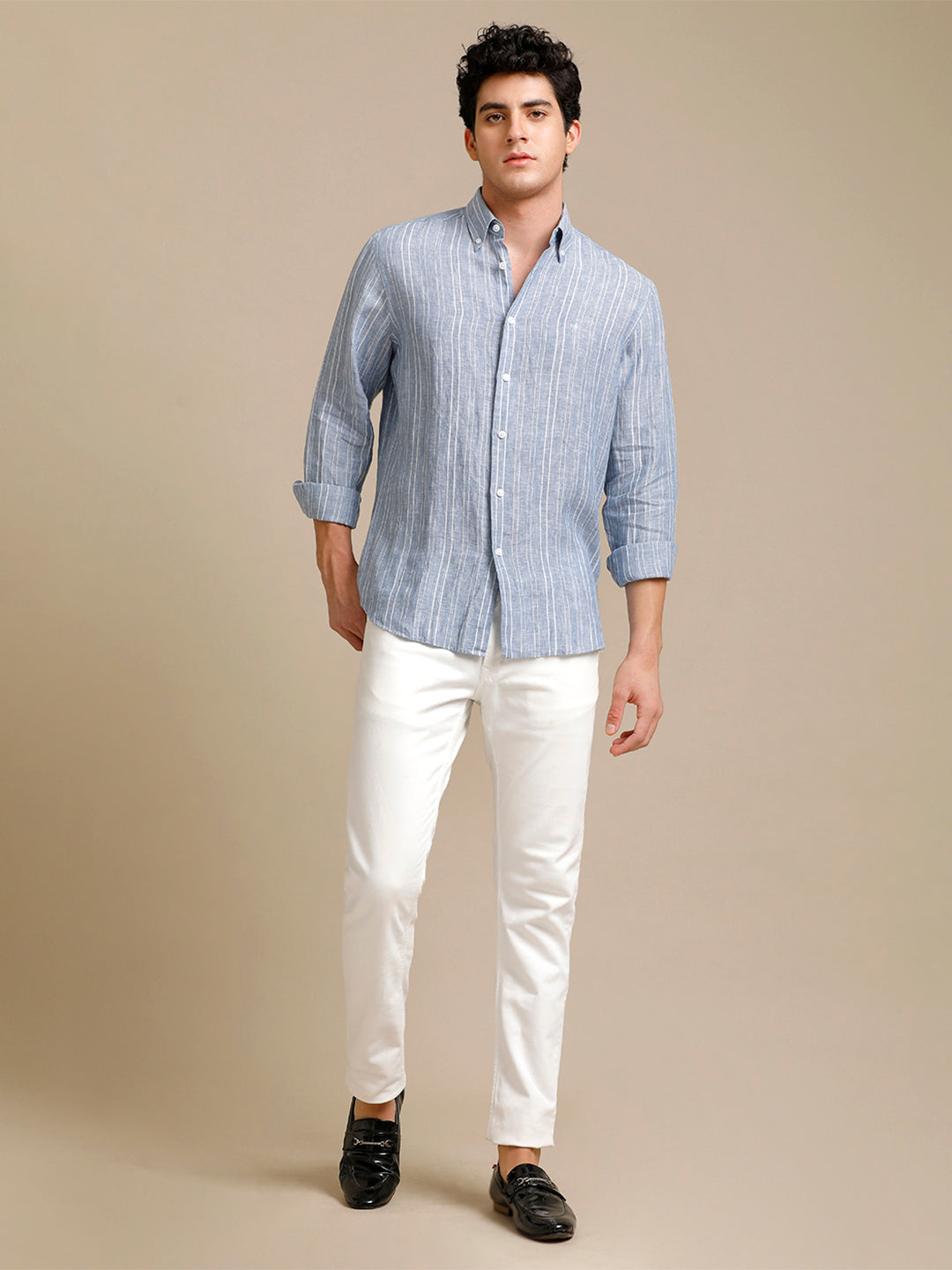 Mens Regular Fit Blue/White Stripe Casual Linen Shirt (LABUL)