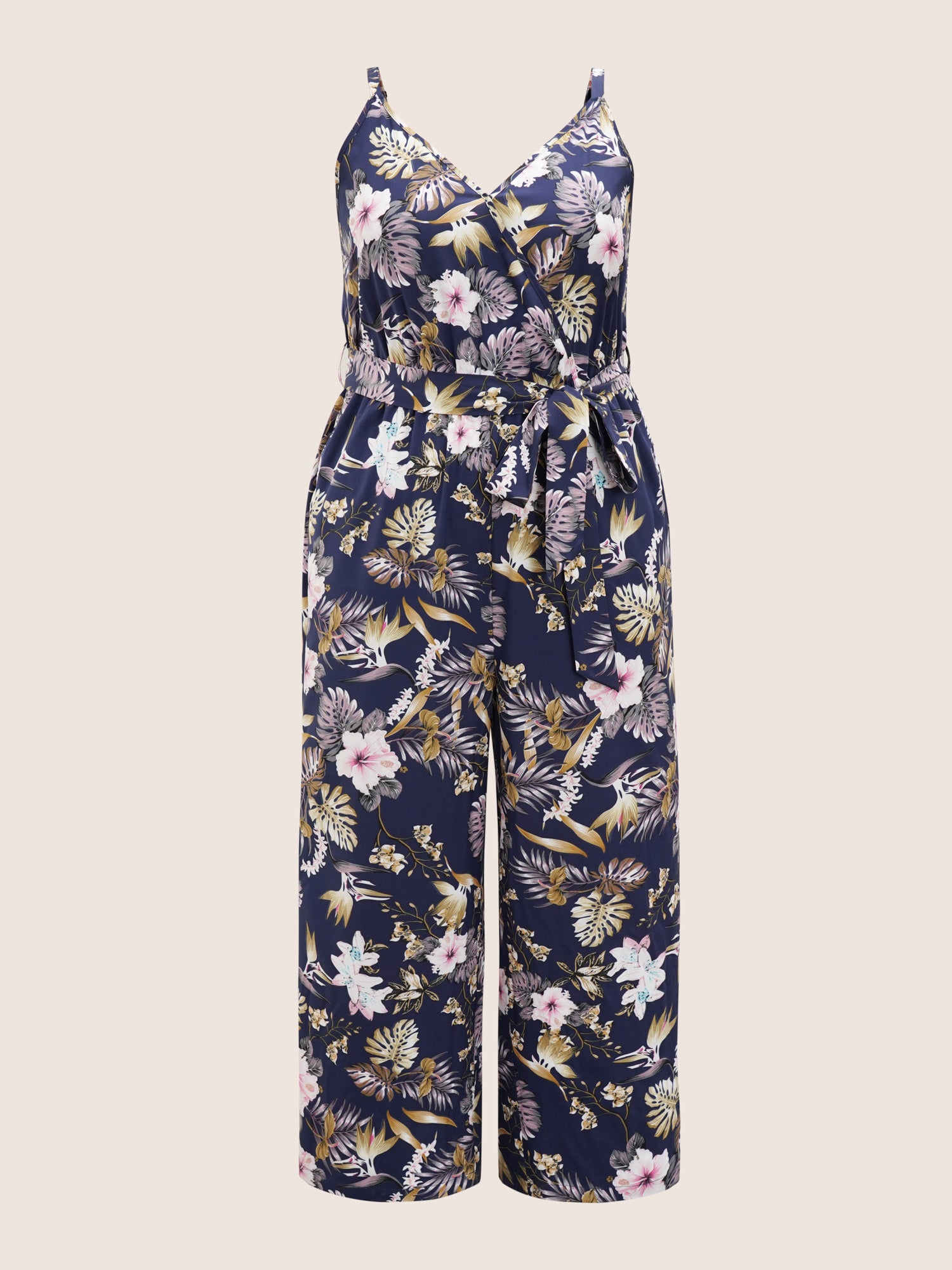 Floral Belted Pocket Wrap Cami Jumpsuit