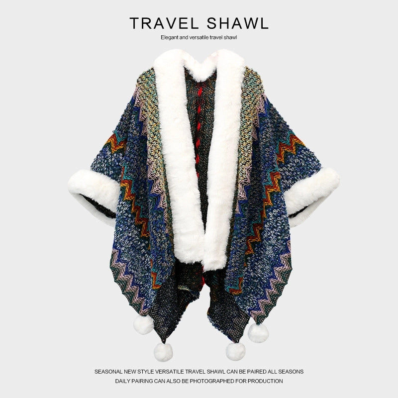 Women's Retro Multicolor Knit Patchwork Shawl