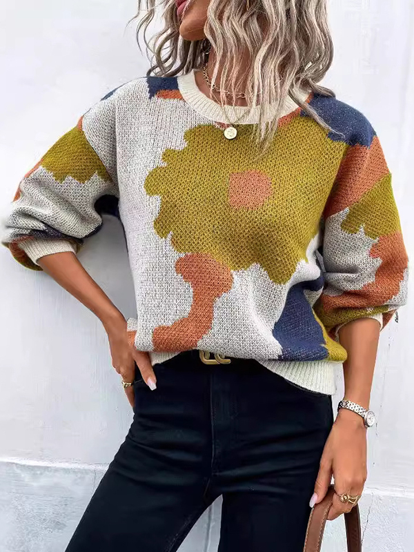 Loose Puff Sleeves Asymmetric Knitted Flower Split-Joint Round-Neck Sweater Tops