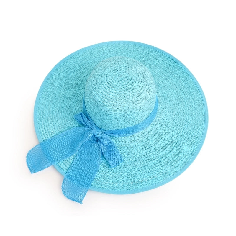 Fashion Solid Color Big Eaves Sunshadebowknot Straw Hat